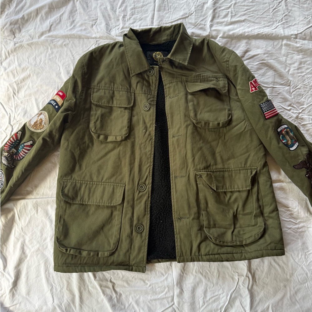 Men’s Military Patch Green Jacket Fleece Lined – Americana Army Style, Size L
